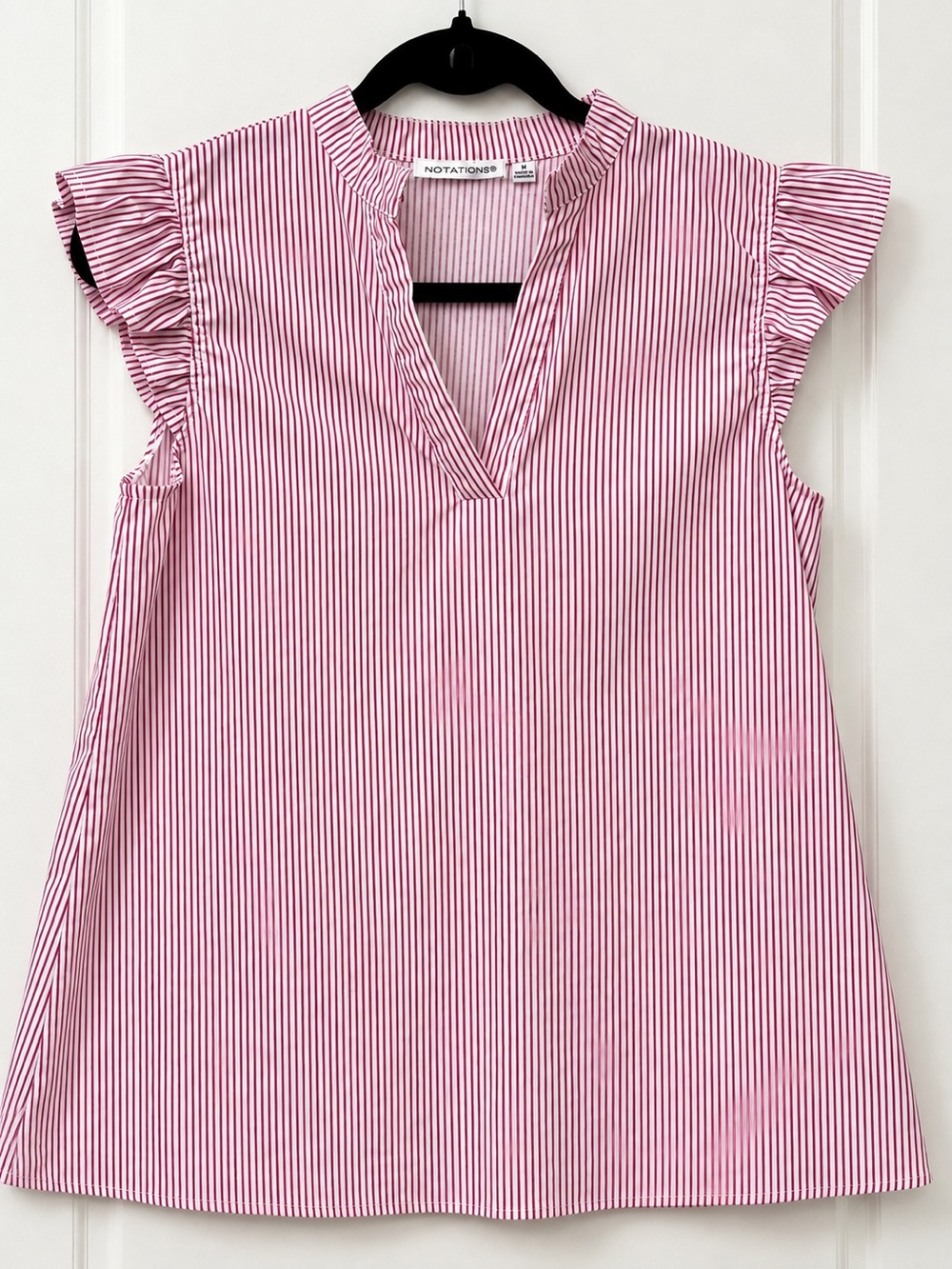 Notations Red White Pinstripe Ruffle Sleeve Blouse Size Medium